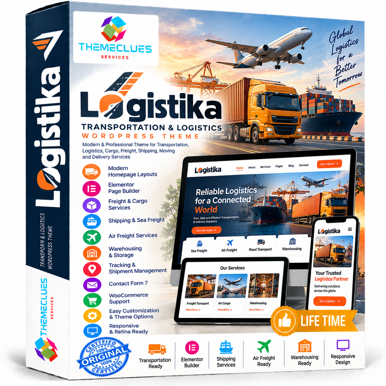 Logistika Transportation & Logistics WordPress Theme for freight, trucking, shipping, delivery and logistics businesses with Elementor, WooCommerce and responsive design.